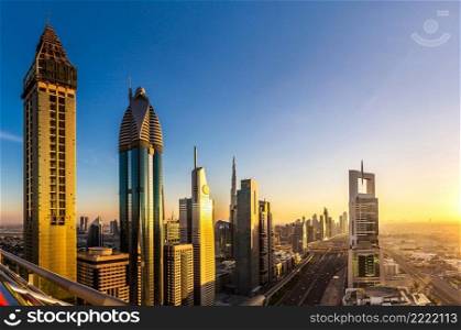 Panorama of downtown Dubai in a summer day, United Arab Emirates