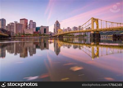 Panorama of downtown Pittsburgh skyline at twilight
