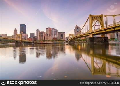 Panorama of downtown Pittsburgh skyline at twilight