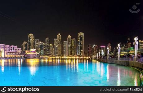 Panorama of Dubai downtown at night on November in Dubai, UAE