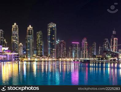 Panorama of Dubai downtown at night on November in Dubai, UAE