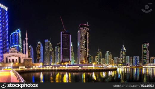 Panorama of Dubai marina in a summer night, Dubai, UAE.