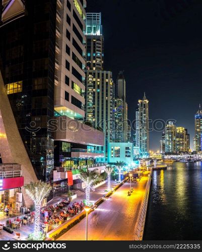Panorama of Dubai marina in a summer night, Dubai, UAE.