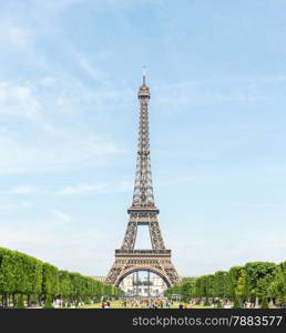 Panorama of Eiffel Tower with blue sky from garden, Paris France