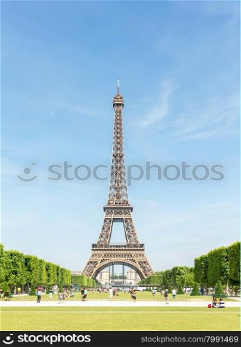 Panorama of Eiffel Tower with blue sky from garden, Paris France
