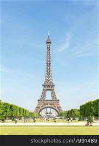 Panorama of Eiffel Tower with blue sky from garden, Paris France