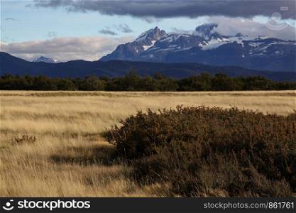 Panorama of far plain with meadow in front of mountains in Chile