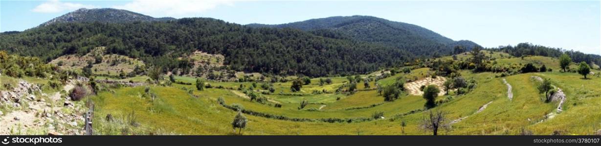 Panorama of farmland and forest in rural Turkey