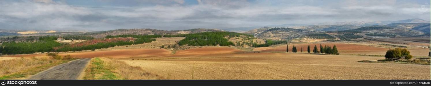 Panorama of fields, villages and agriculture in Israel in November