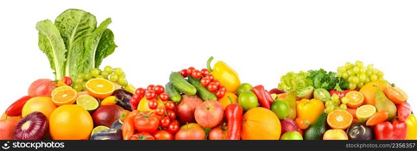 Panorama of fresh vegetables and fruits isolated on white background.