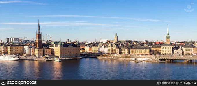 Panorama of Gamla Stan, the old part of Stockholm in a sunny day, Sweden