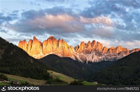 Panorama of Geisler (Odle) Dolomites Group, Val di Funes, Italy, Europe