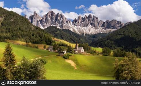 Panorama of Geisler (Odle) Dolomites Group, Val di Funes, Italy, Europe