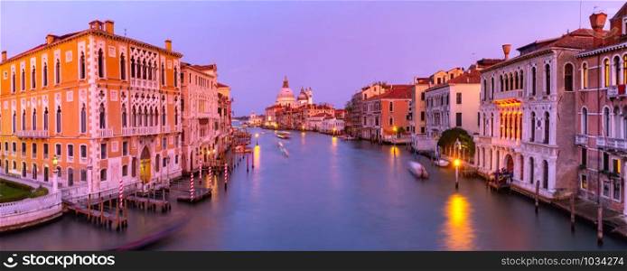 Panorama of Grand canal and The Basilica of St Mary of Health or Santa Maria della Salute at sunset in Venice, Italy. Santa Maria della Salute, Venice