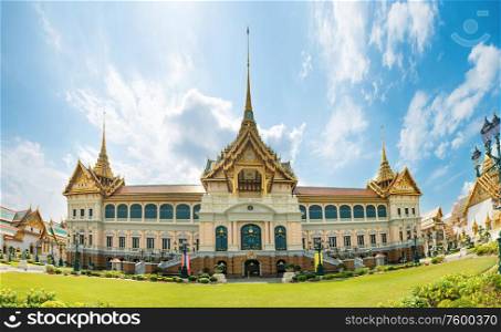Panorama of Grand Palace complex, view to Chakri Maha Prasat Throne Hall. Bangkok, Thailand.