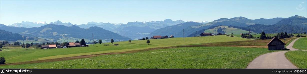 Panorama of green fields and road in Switzerland