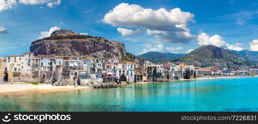 Panorama of Harbor and old houses in Cefalu in Sicily, Italy in a beautiful summer day