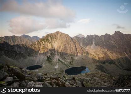 Panorama of high rocky mountains and alpine lake. High Tatras, Slovakia