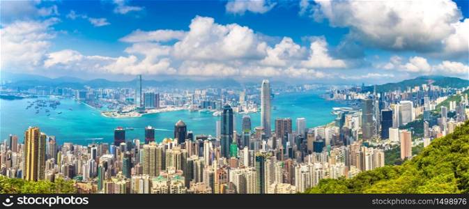 Panorama of Hong Kong business district in a summer day