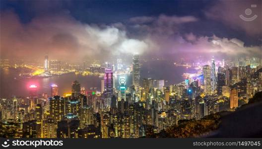 Panorama of Hong Kong business district in a summer night