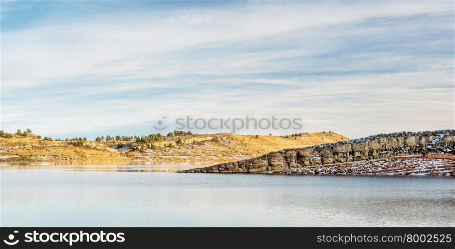 panorama of Horsetooth Reservoir, winter afternoon, Fort Collins, Colorado