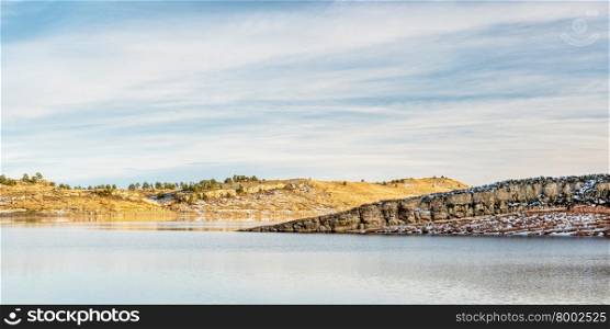panorama of Horsetooth Reservoir, winter afternoon, Fort Collins, Colorado