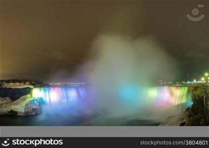 Panorama of Illumination light at Horseshoe Falls viewed from Table Rock in Queen Victoria Park in Niagara Falls at night, Ontario, Canada