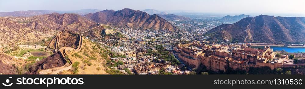 Panorama of India, view of Amber Fort, Amer district in Jaipur and the mountains.. Panorama of India, view of Amber Fort, Amer district in Jaipur and the mountains