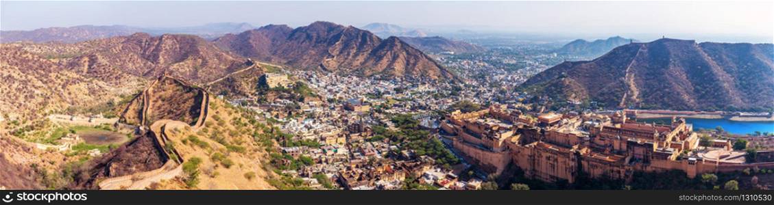 Panorama of India, view of Amber Fort, Amer district in Jaipur and the mountains.. Panorama of India, view of Amber Fort, Amer district in Jaipur and the mountains