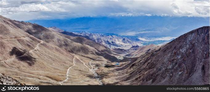 Panorama of Indus valley from Kardung La pass - allegedly the highest motorable pass in the world (5602 m). Ladakh, India
