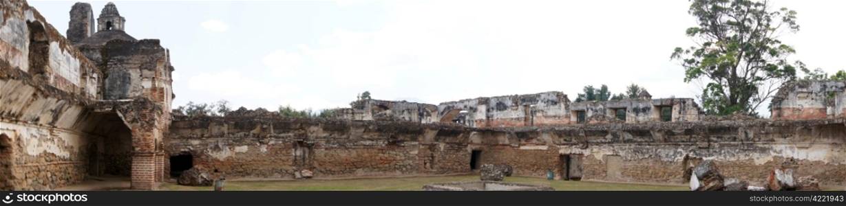 Panorama of inner yard of monastery La Recoleccion in Antigua Guatemala