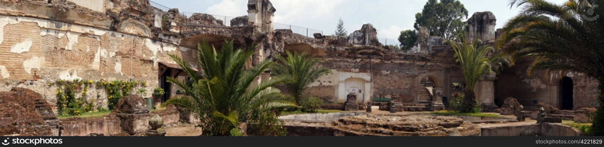 Panorama of inner yard of san Fransisco monastery in Antigua Guatemala