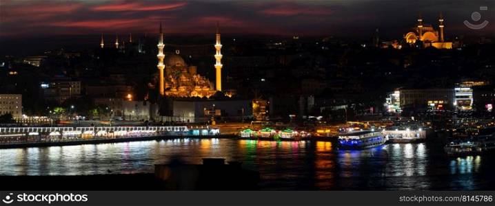 Panorama of Istanbul at night, Istanbul, Turkey. The Istanbul at night
