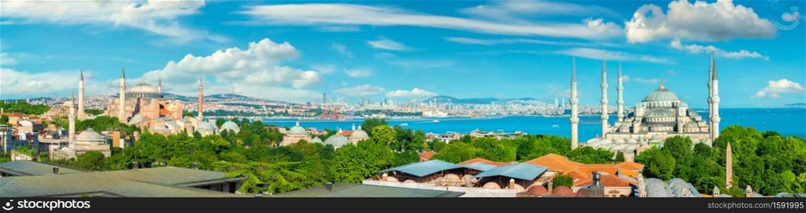 Panorama of Istanbul with the view on Blue Mosque and Hagia Sophia near Bosphorus, Turkey