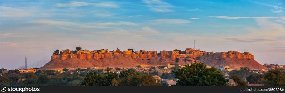 Panorama of Jaisalmer Fort - one of the largest forts in the world, known as the Golden Fort Sonar quila on sunrise. Jaisalmer, Rajasthan, India. Panorama of Jaisalmer Fort known as the Golden Fort Sonar quila,