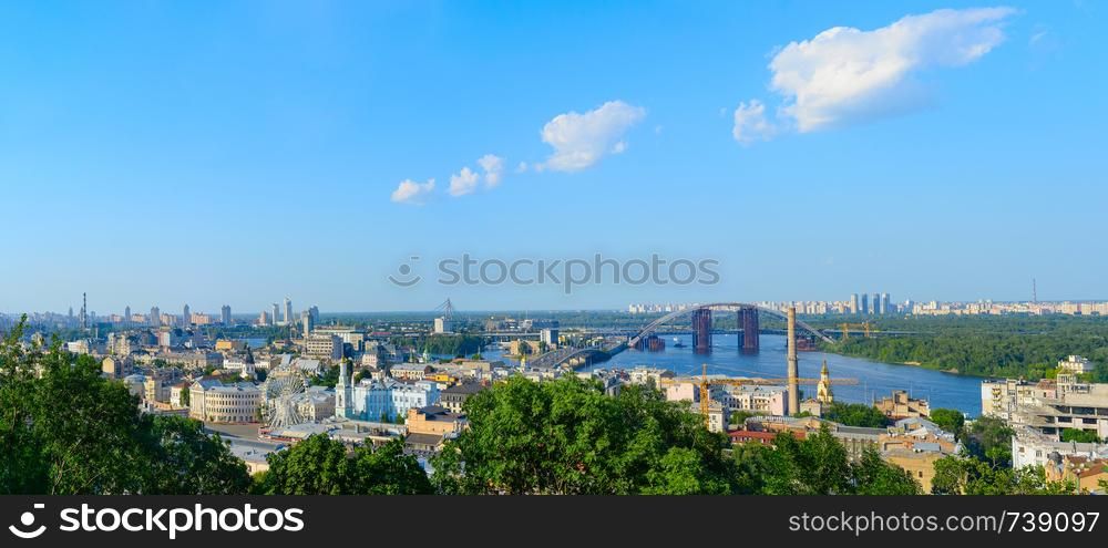 Panorama of Kiev. Podil district, Dnipro river, new bridge
