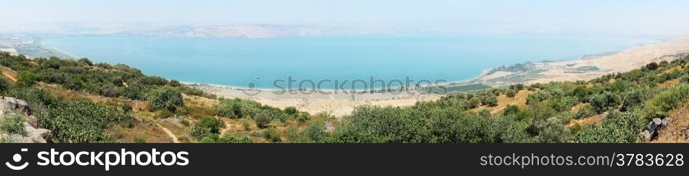 Panorama of Kinneret entirely, top view (Mitzpe-le-Shalom on the Golan Heights).