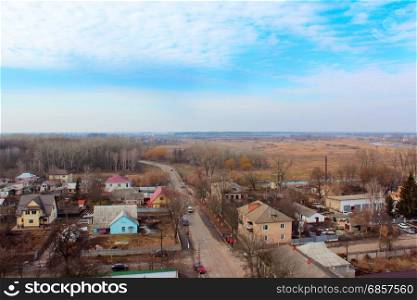 Panorama of Kozelets town from above. Beautiful panorama of Kozelets town from above in Ukraine
