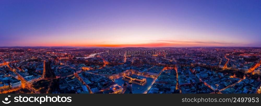 Panorama of Krakow Poland downtown and main city square at dusk