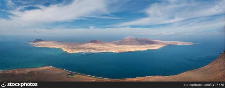 Panorama of la Graciosa island from Mirador del rio in Lanzarote, Canary islands, Spain.