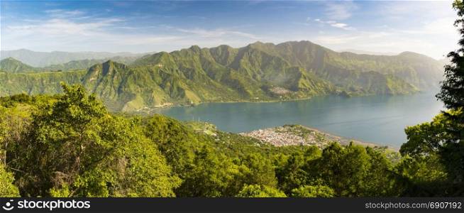 Panorama of Lake Atitlan with it&rsquo;s volcanic highlands