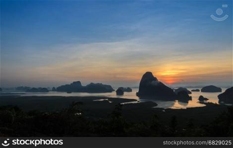 Panorama of limestone karsts in Phang nga bay at sunrise, Thailand