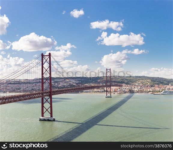Panorama of Lisbon cityscape with 25 de Abril suspension Bridge, Portugal