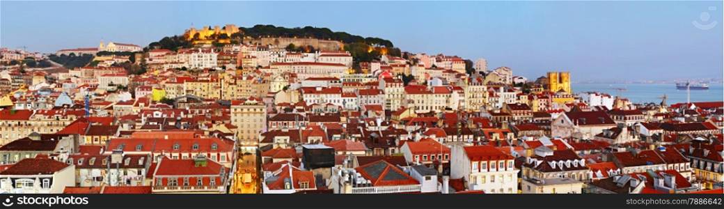 Panorama of Lisbon Old Town at dusk. Portugal