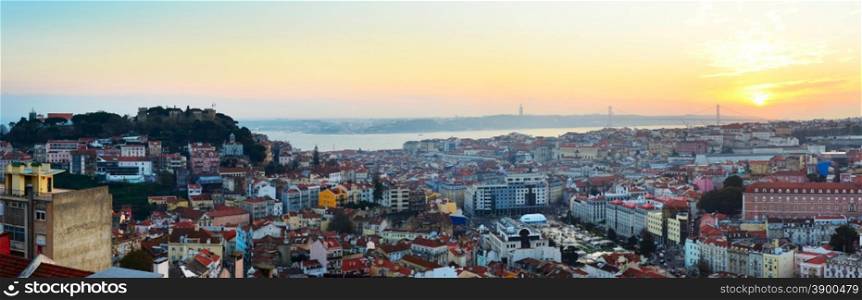 Panorama of Lisbon with the sun in the sky. Portugal