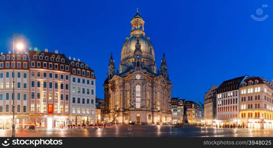 Panorama of Lutheran church of Our Lady aka Frauenkirche with market place at night in Dresden, Saxony, Germany