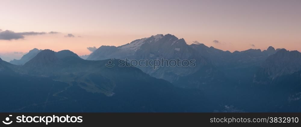 Panorama of Marmolada mountains ridge at sunrise, Val di Fassa, Italian Dolomites