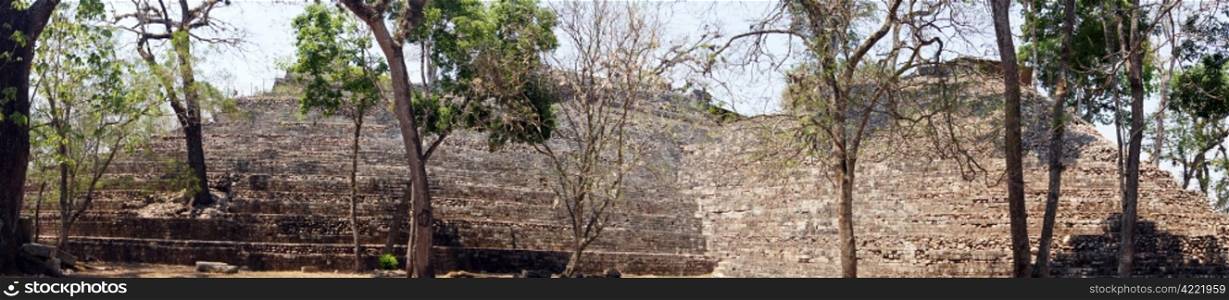 Panorama of mayan pyramids and trees in Copan, Honduras