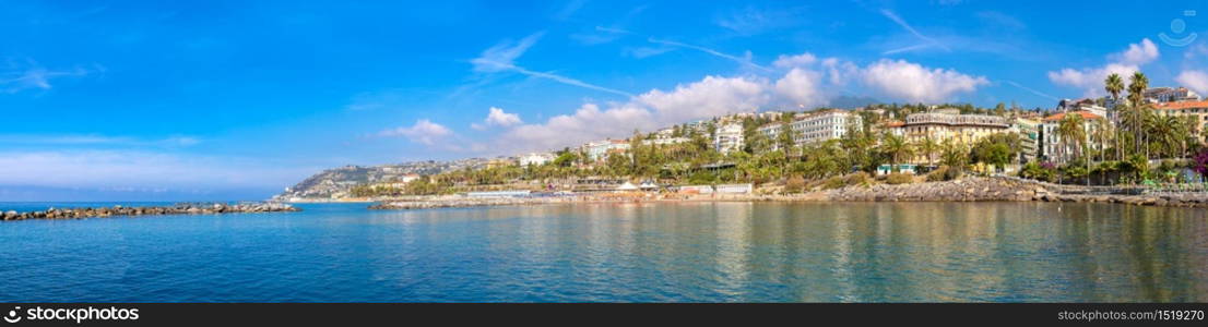 Panorama of Mediterranean coast in San Remo in a beautiful summer day, Italy