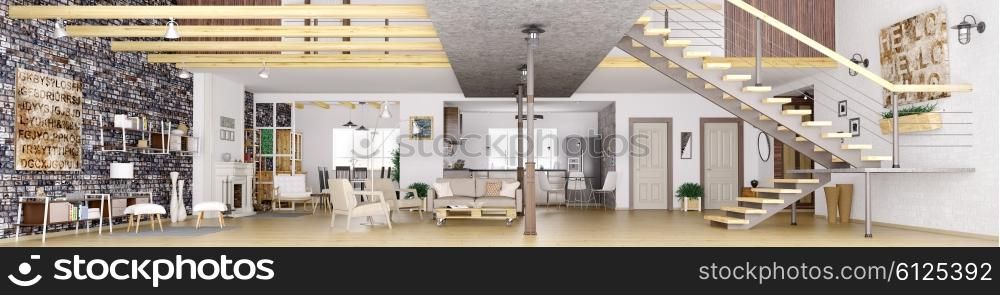 Panorama of modern loft apartment interior, living room, hall, kitchen, dining room,staircase, 3d rendering